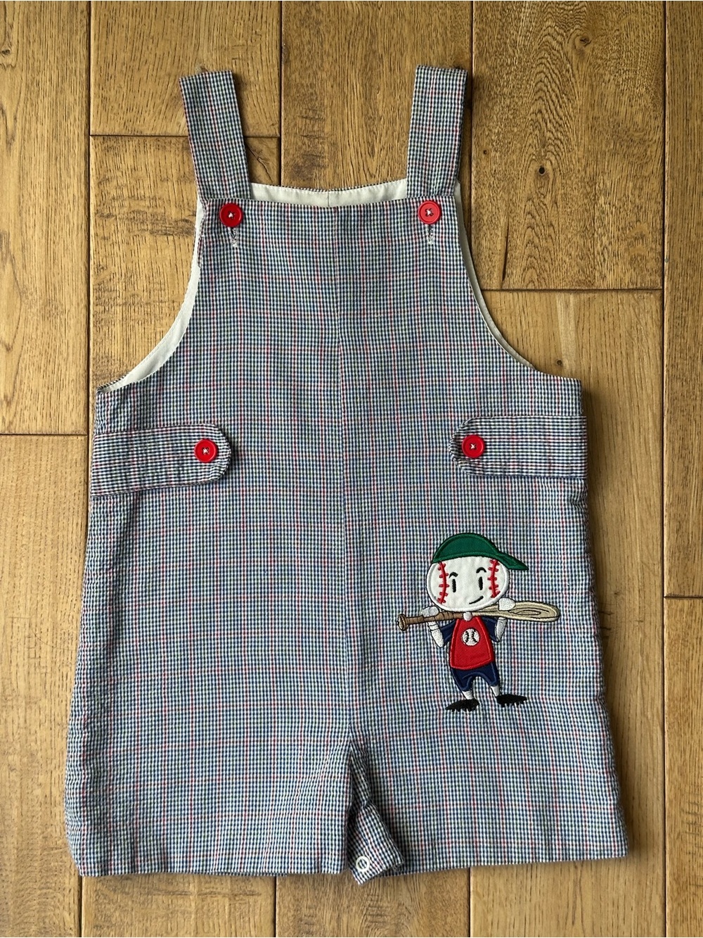 Samara Vintage Plaid Baseball Applique Shortall Romper size 4T